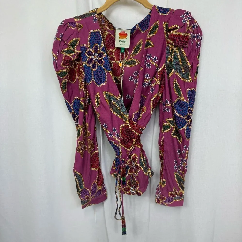 NEW Farm Rio Multicolor Floral Sequin V-Neck Long Puff Sleeve Wrap Blouse XS